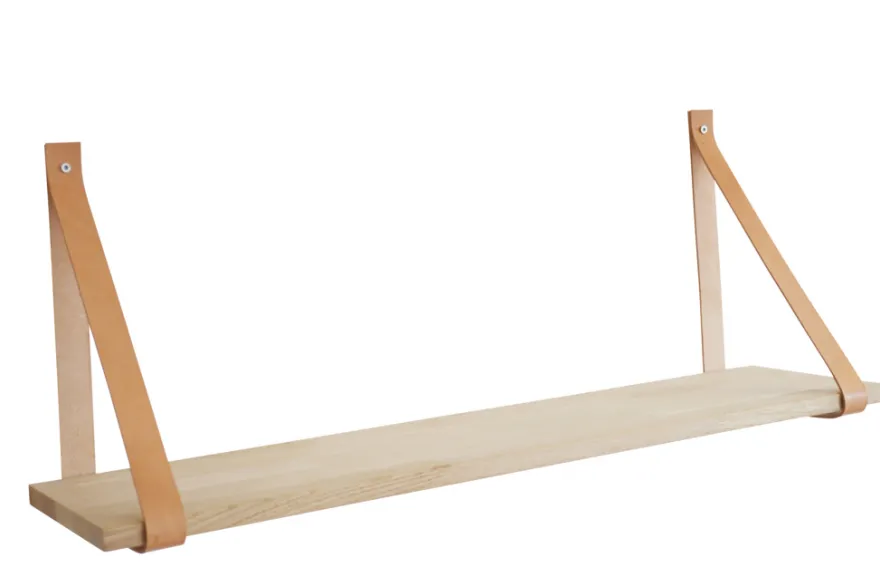 Hylle i eik 20 x 80 cm med lærstropper