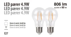 LED-pærer standard 4,9 W E27 - 2-pk.