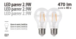 LED-pærer standard 2,9 W E27 - 2-pk.