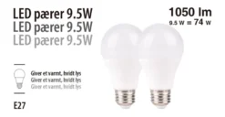 LED-pærer standart 9,5 W E27 - 2-pk.