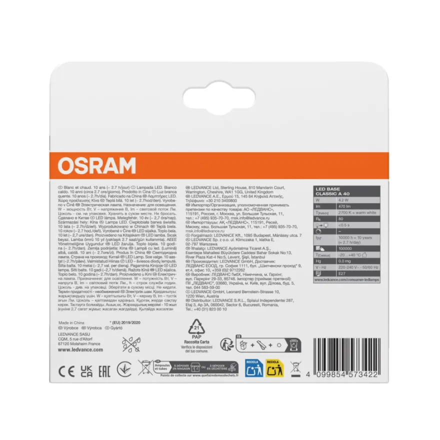 Osram LED-pære STD matt E27 4,2 W 3-pk.